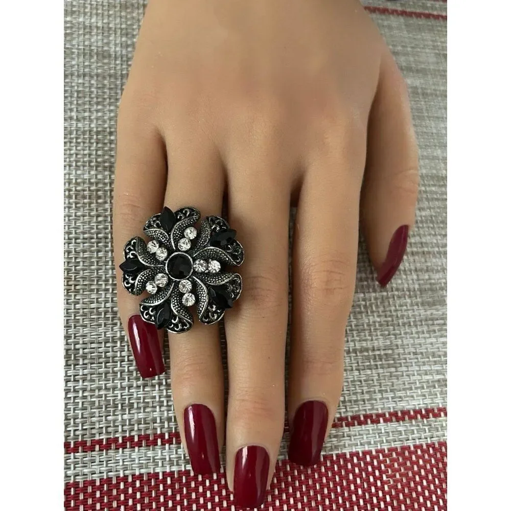 Black/White Rhinestones Ring‎